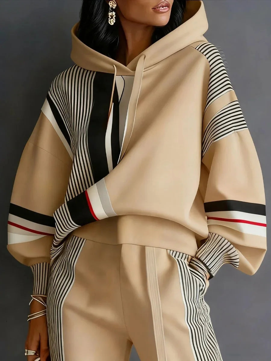 Women's Two-Piece Sport Winter Loose Fit Fashion Pant Sets Plus Size Pant Sets American Stripe Round Neck Sweatshirt and Pants Set