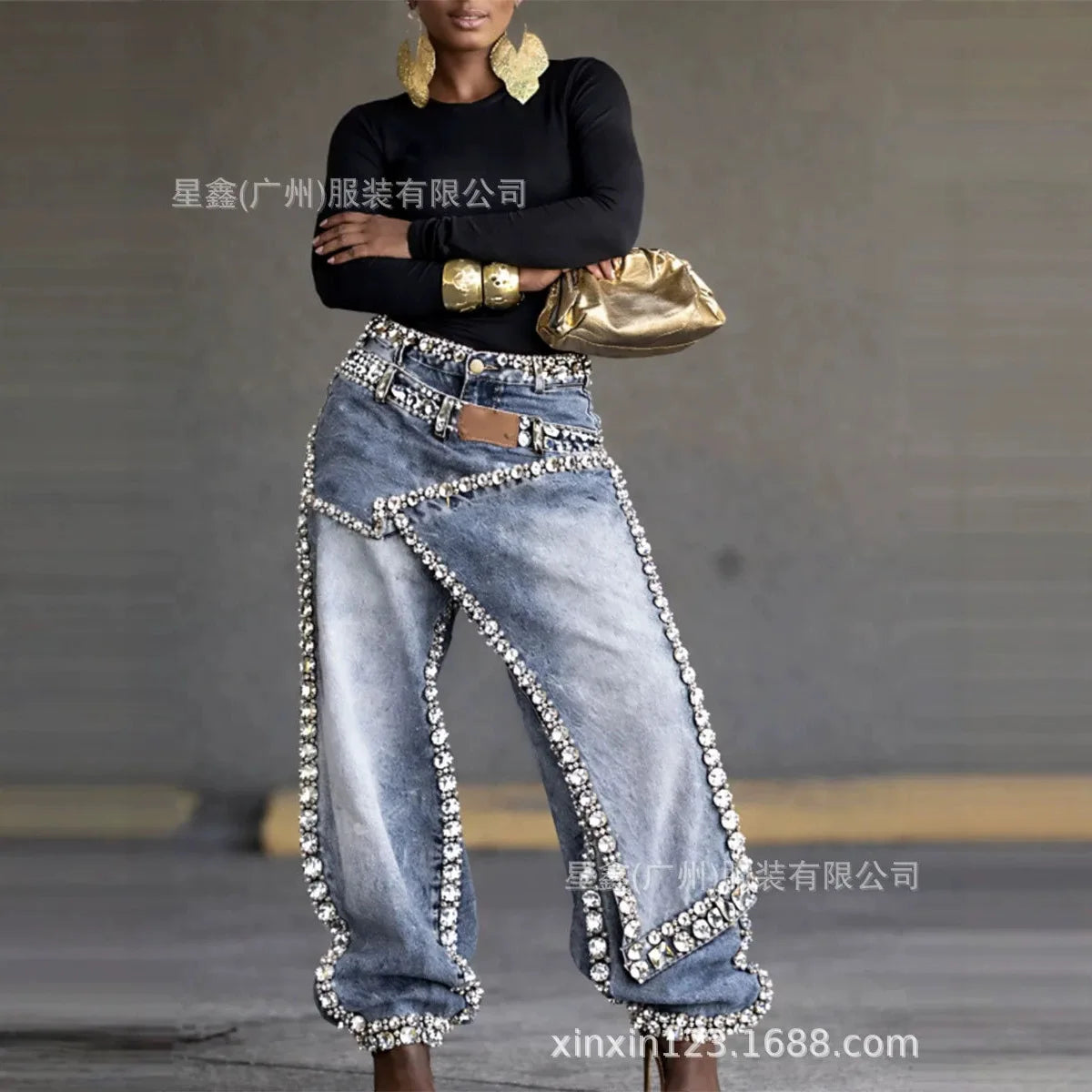 Women Wide Leg Rhinestone Denims Jeans Distressed Washed Full Length Vintage Asymmetrical Trousers Y2k Streetwear 2026