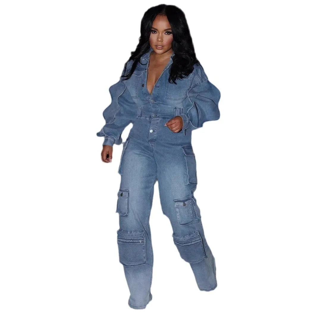 Women Overalls Denim Jumpsuits Long Sleeve Ruffles Pockets Streetwear Straight Pants Jeans