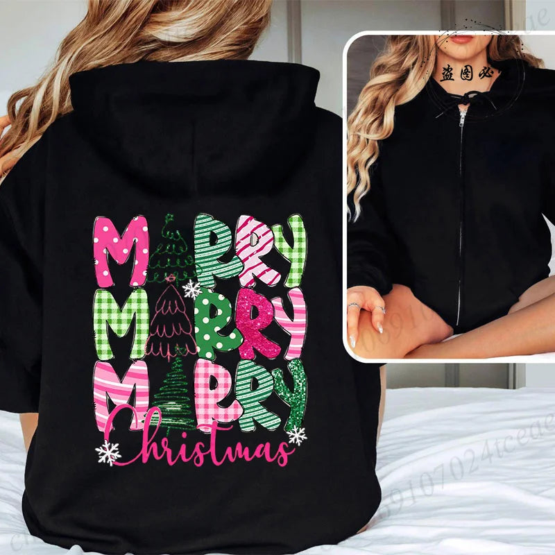 Women Men Oversize Merry Christmas Reindeer Print Zipper Hoodies Coat Tops Femme Zip Sweatshirts Christmas Party Jackets