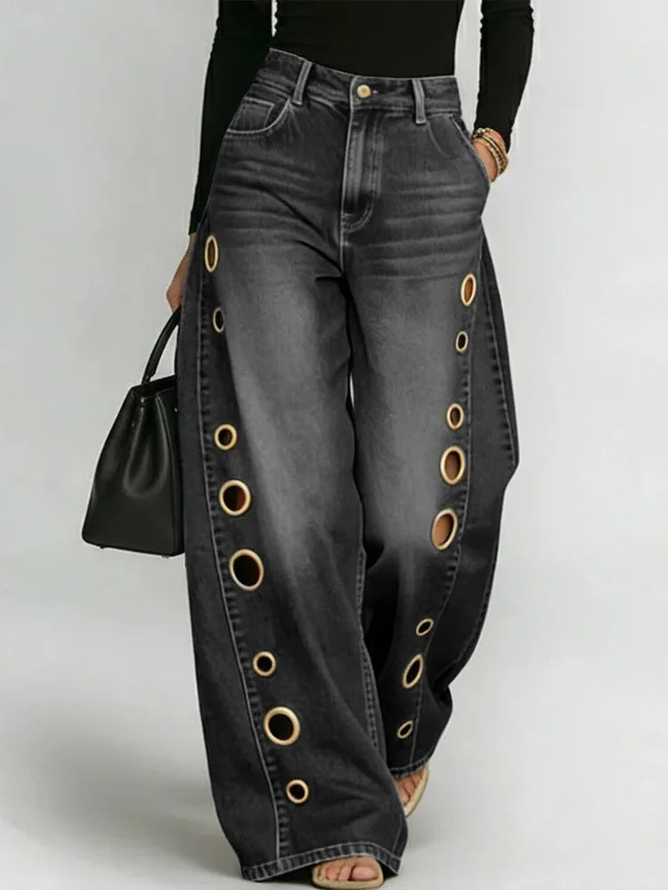 2026 Casual Women's Washed Blue High-Waist Metal Grommet Wide Leg Jeans Loose Fit Streetwear Pants