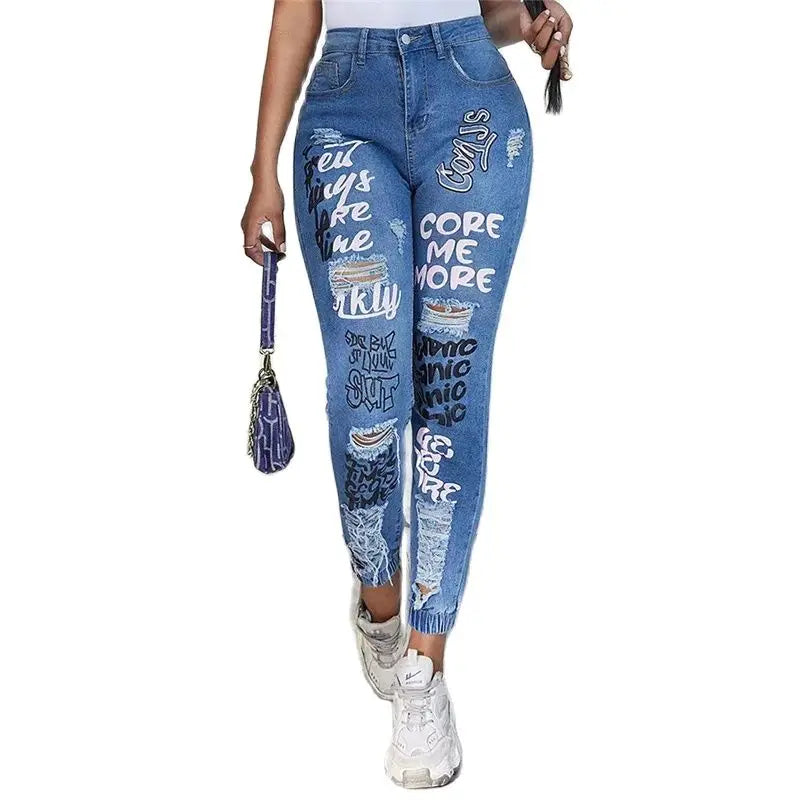 Women Fashion Alphabet Print Stretch Leg Pencil Jeans Trend Broken Holes Denim Pants