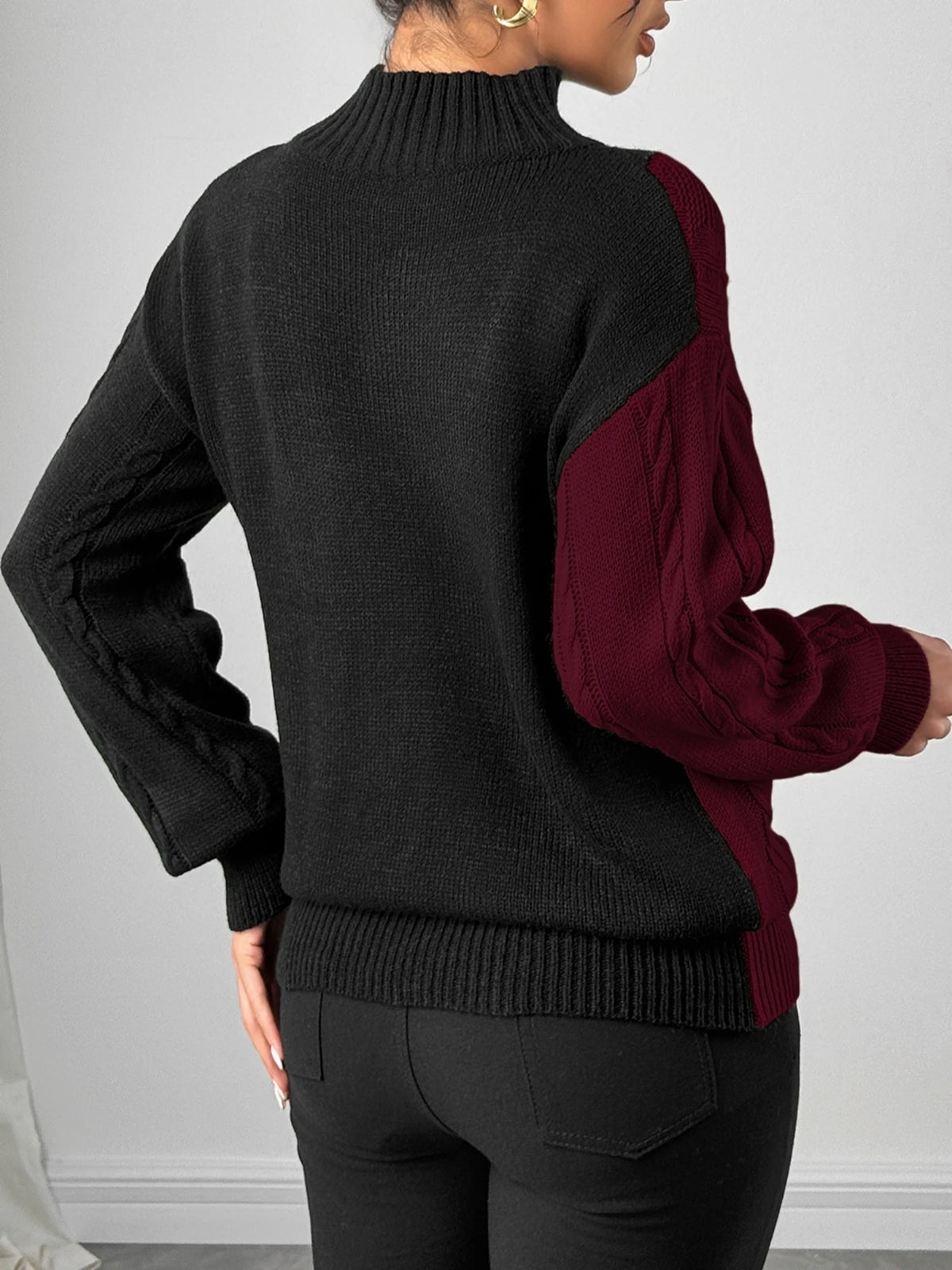 Women's Elegant Mock Neck Color Block Cable Knit Sweater Long Sleeve Knitwear Fashionable Casual Style