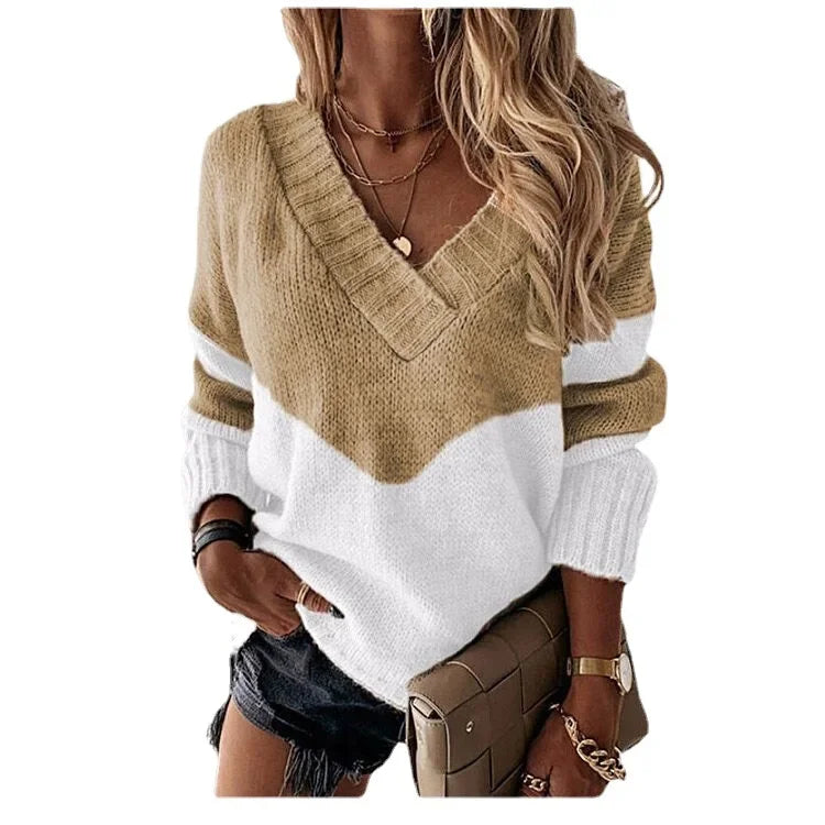 Women's Knitted V-neck Sweaters Stitching Contrast Color Long-Sleeved Knitting Top Pullover Autumn Winter Warm Female Jumper