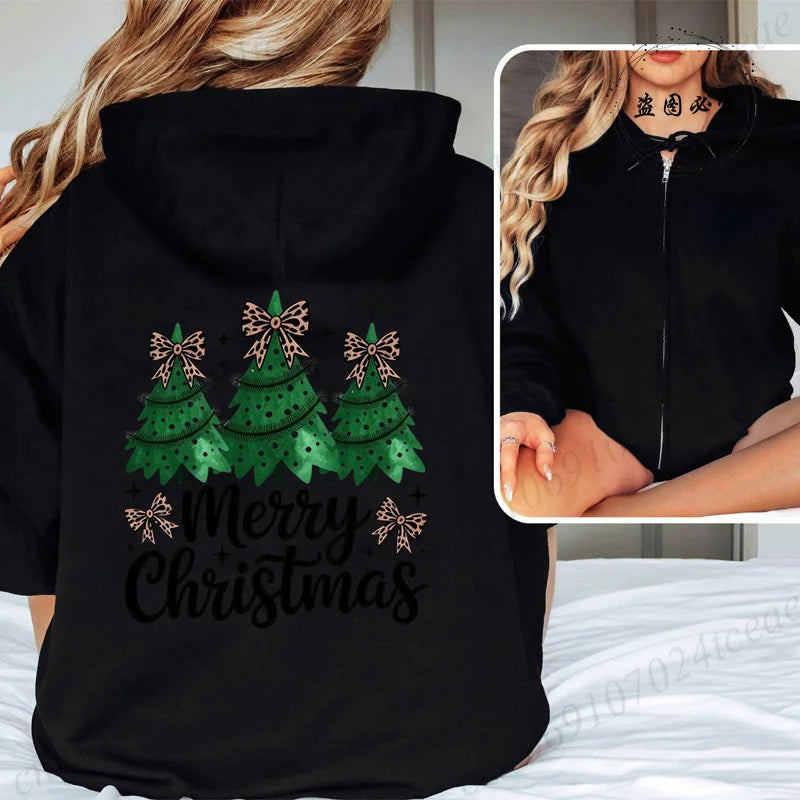 Women Men Oversize Merry Christmas Reindeer Print Zipper Hoodies Coat Tops Femme Zip Sweatshirts Christmas Party Jackets
