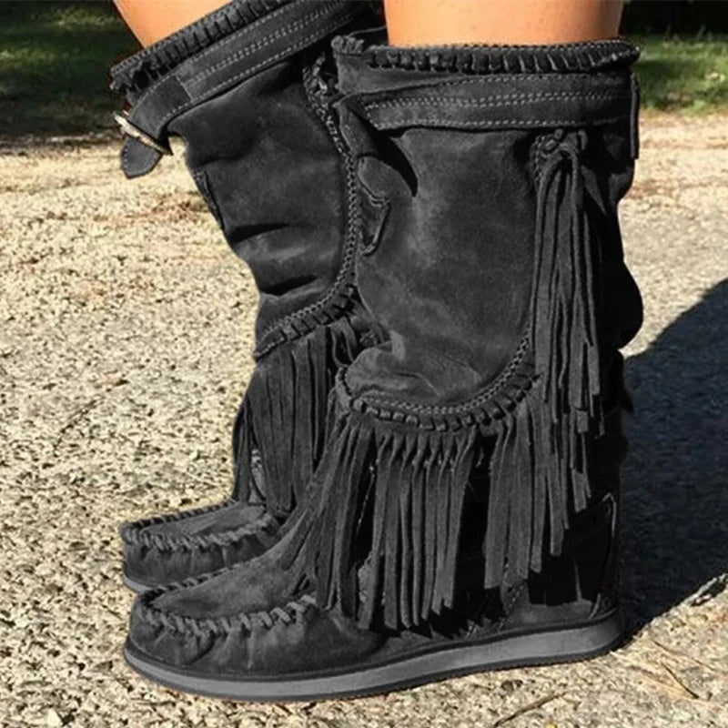 Woman's Pleated Tassel Mid-Calf Boots Sewing Footwear Buckle Leather High Heels Boots