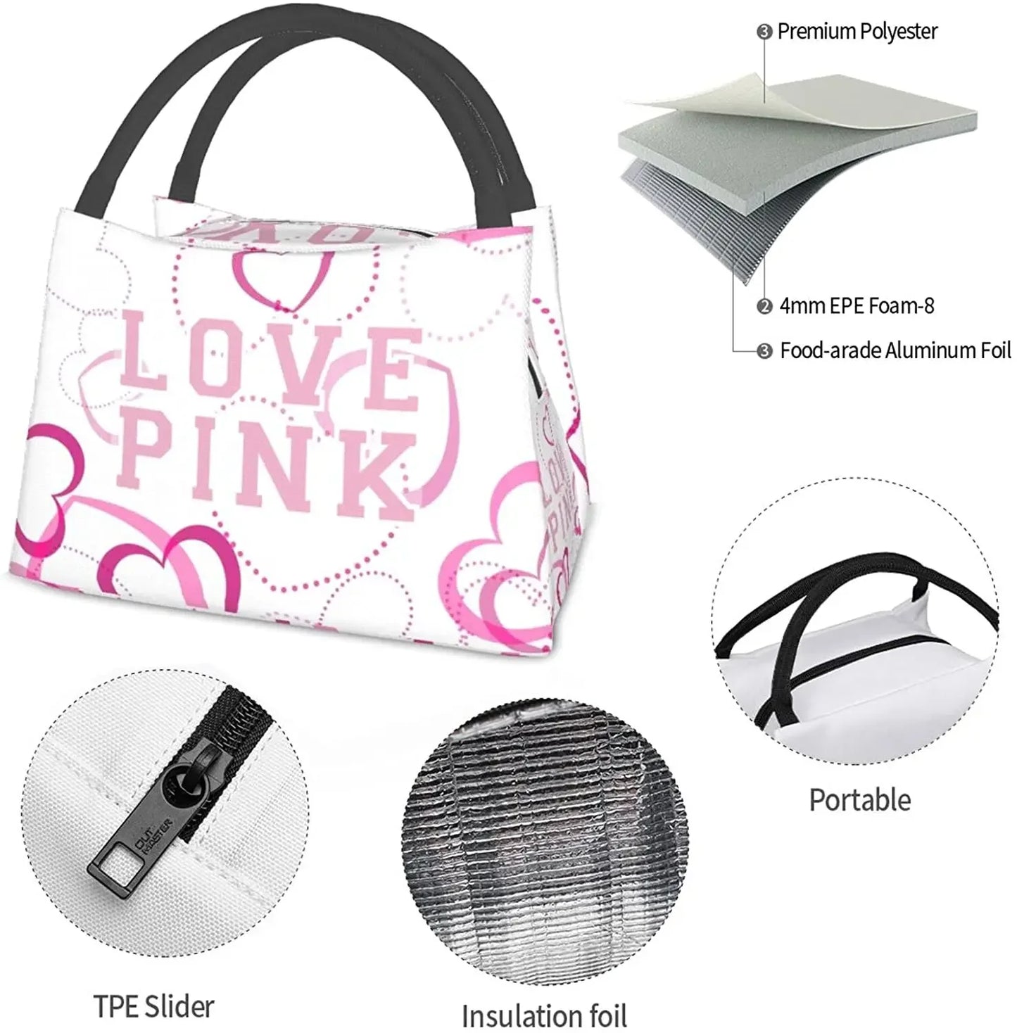 Women Love Pink Heart Insulated Lunch Bags Reusable Water-Resistant Bento Tote Box Portable Lunch Bags