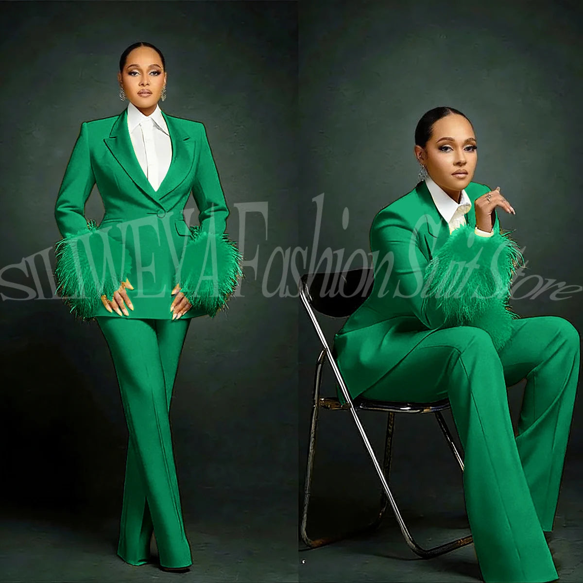 Women's  Luxury Feather Applique Single Breasted 2 Piece Suits
