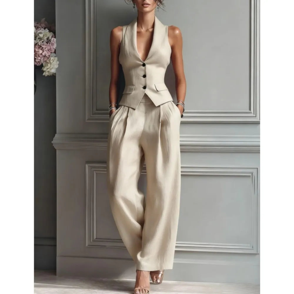 Women's Summer New Fashion Single-breasted Sleeveless Top + Trousers 2-piece Set Women's 2026 Slim Vest Suit Collar Trousers Office Suit