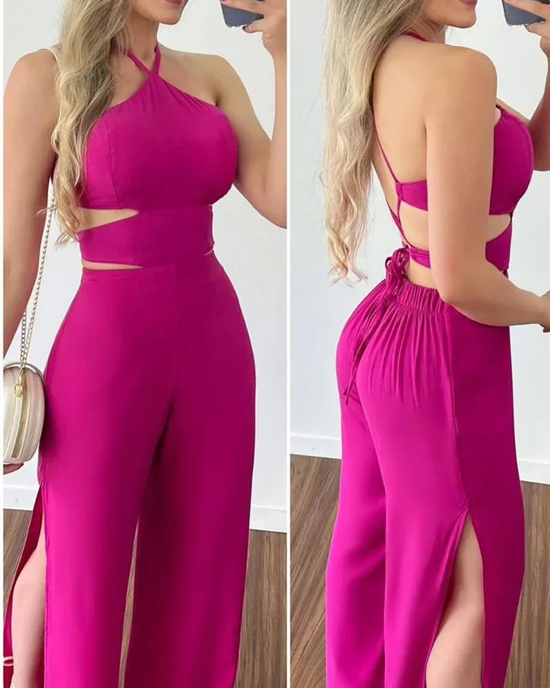 Women Criss Cross Backless Split Hem Halter Jumpsuit Summer Lace Up Wide Leg Pants