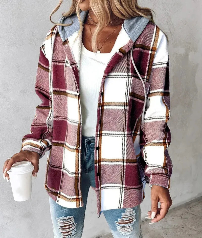 Women's Autumn Large Plaid Style Hooded Jacket With  Casual Loose Black White Plaid Coat Button Fall Top