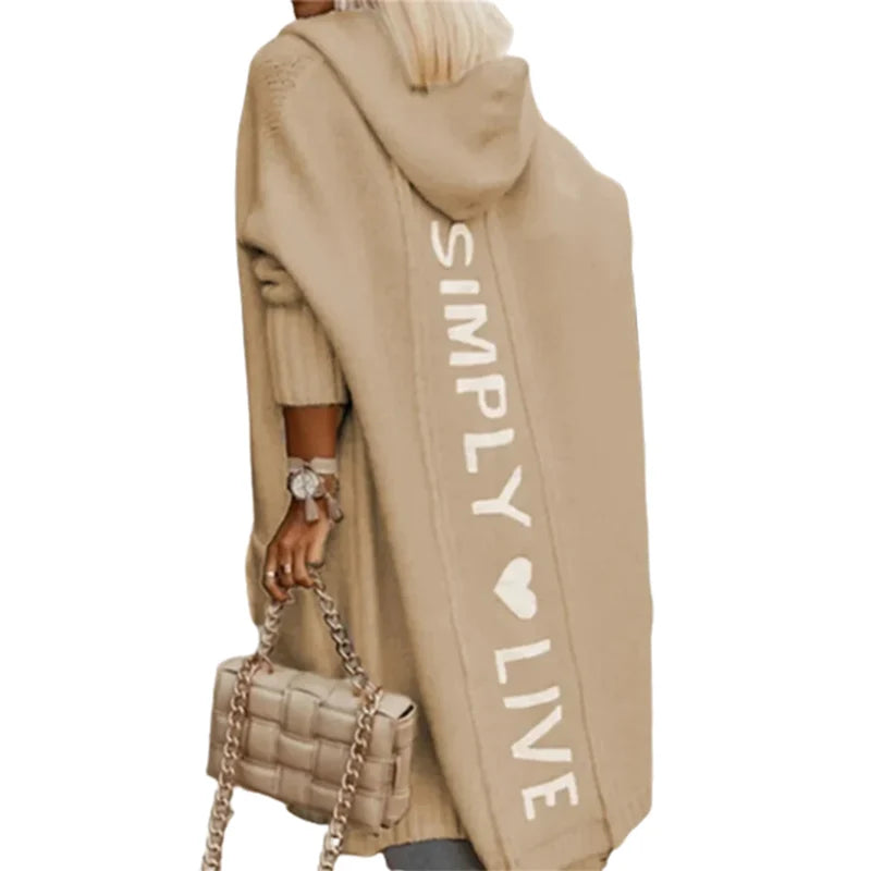 Women Autumn Long Hooded Cardigan Sweater Solid Color Back Alphabet Jumpers Warm Woven Tops