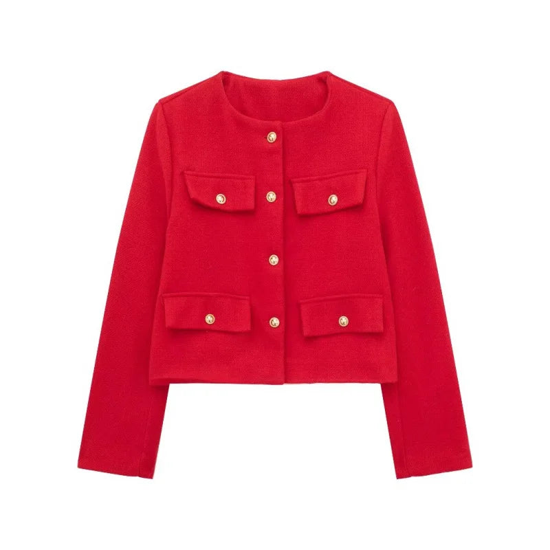 Women's Autumn/Winter Vintage Jackets crew neck gold button flip pocket embellishment short coat