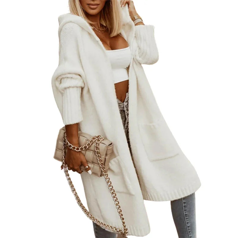 Women Autumn Long Hooded Cardigan Sweater Solid Color Back Alphabet Jumpers Warm Woven Tops