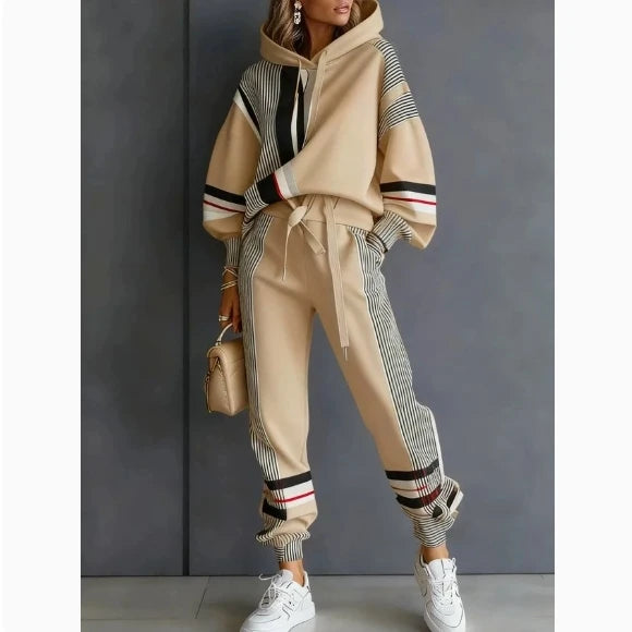 Women's Two-Piece Sport Winter Loose Fit Fashion Pant Sets Plus Size Pant Sets American Stripe Round Neck Sweatshirt and Pants Set