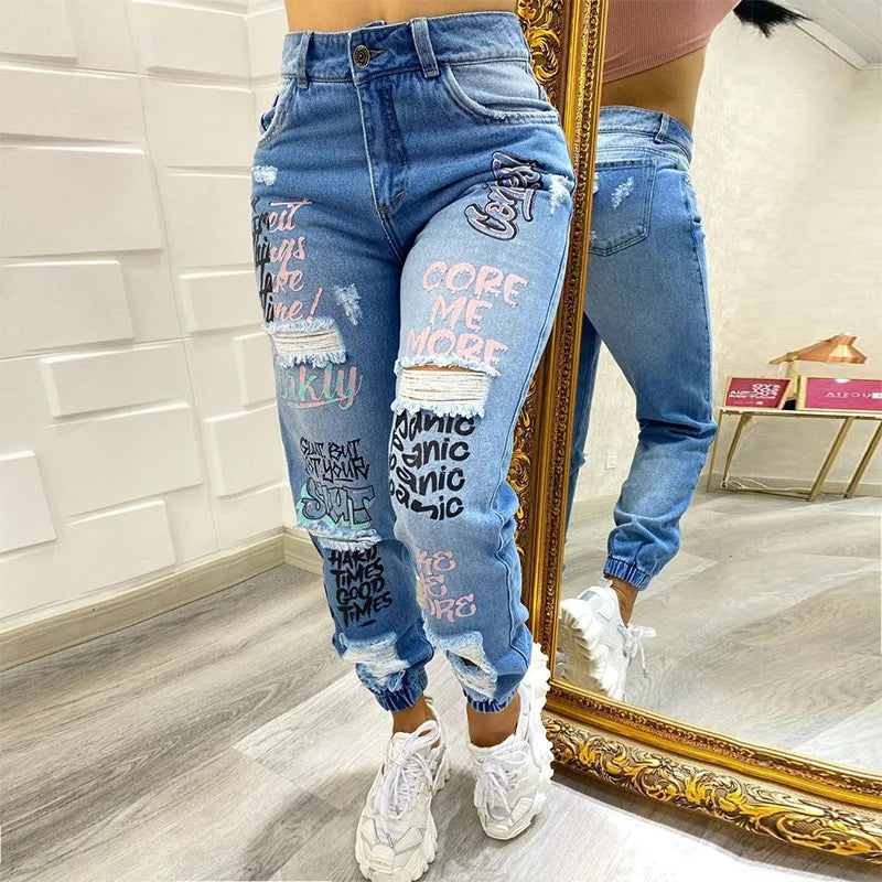 Women Fashion Alphabet Print Stretch Leg Pencil Jeans Trend Broken Holes Denim Pants