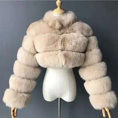 DEAT Fashion Women's Faux Fur Coats Neck Long Sleeve Zipper Short Solid Color Thick Warm Jackets Winter 2024 New 7AB6434
