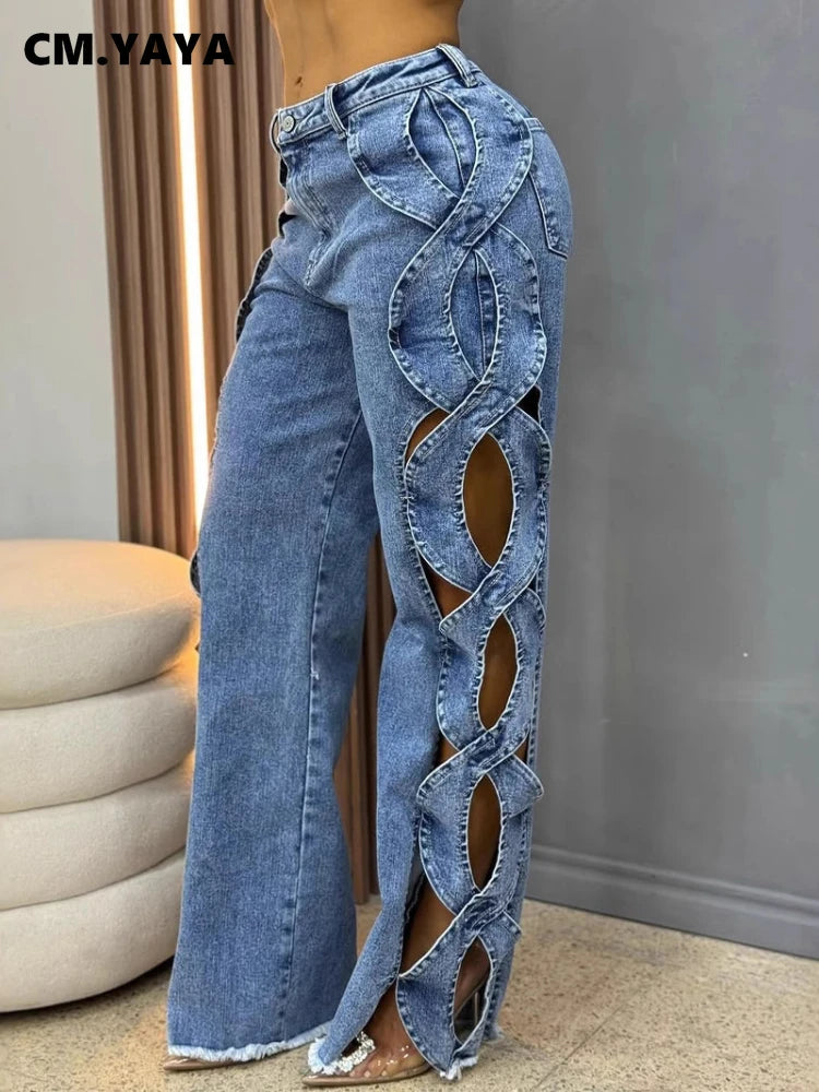 Women's Streetwear Cutout Hollow Out Criss Cross Side Wide Leg Blue Denim Jeans Trousers