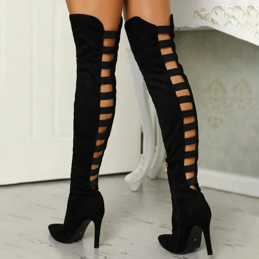Women's Autumn Black Long Heel Boots Over the Knee Thigh High Heel Boots Stretch Boot