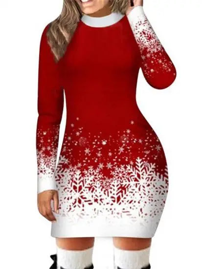 Women's Black White Snowflake Deer Pattern Dress Autumn Winter Long Sleeve Bodycon Mini Dress Elegant Red Christmas Dresses