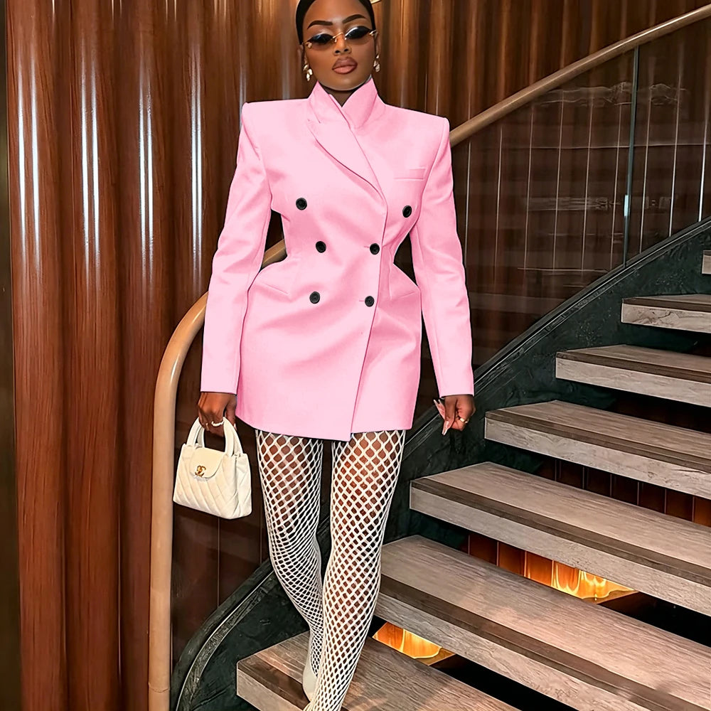 Women's Elegant White Oversized Jacket Double Breasted Blazer Dress Elegant Formal Long 1 Piece Suit for Evening Party