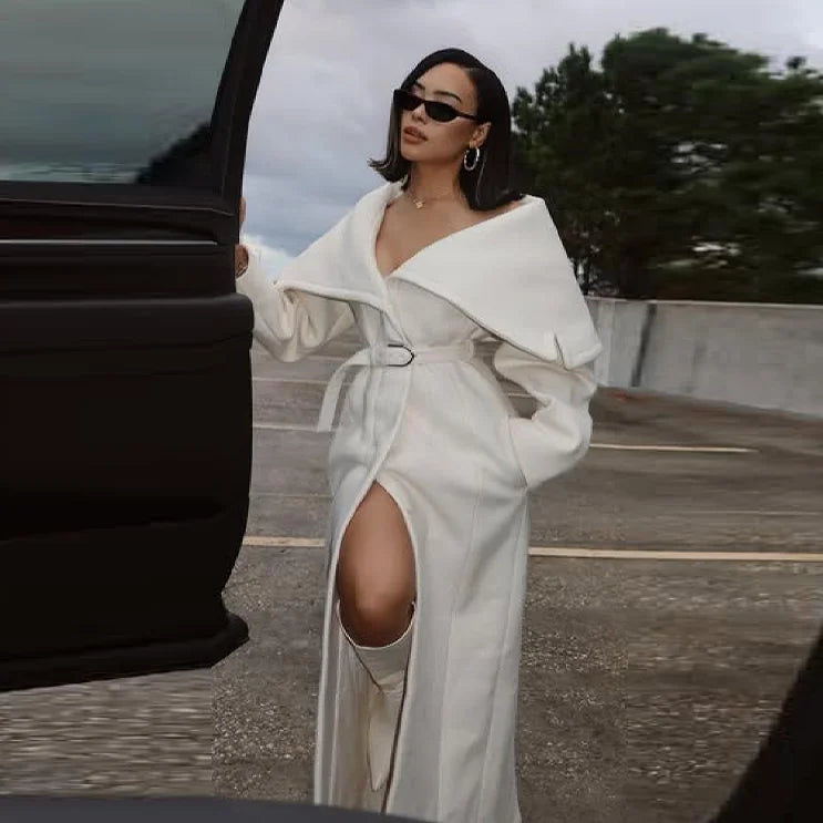 Women Stylish Elegant Woolen Belted Coat High-end Office Ladies Sophisticated Modest Trendy Long Outerwear