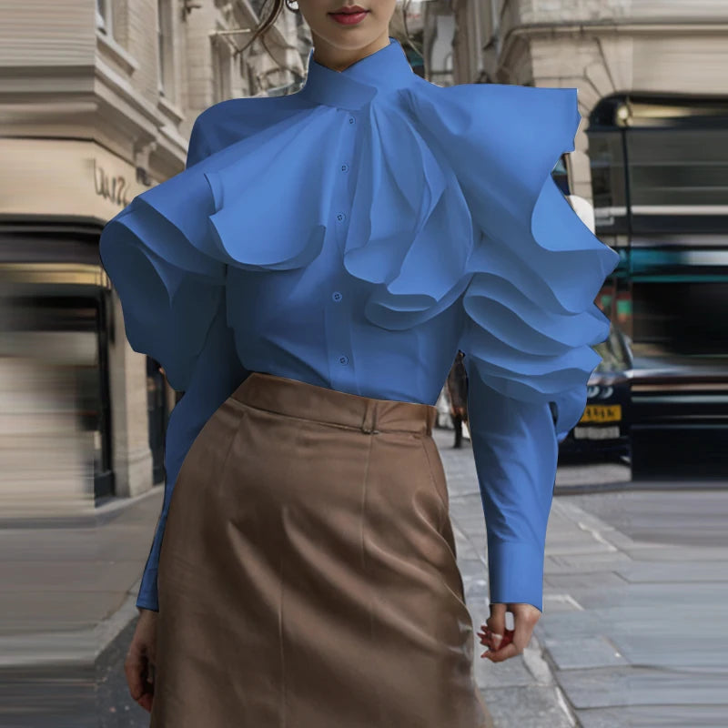 Women's White Elegant Office Lady Bouses Ruffled Stitching Long Sleeve Tops Casual Loose Buttons Streetwer