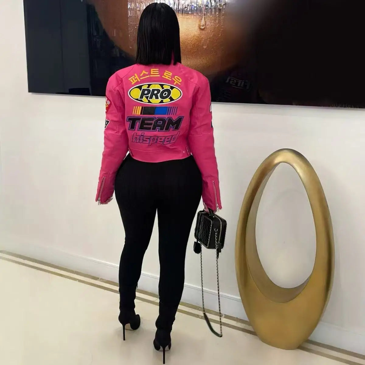 Women's PU Leather Printed Motorcycle Jacket Single Piece Fashionable Streetwear Comfortable Long Sleeve Fall Trendy