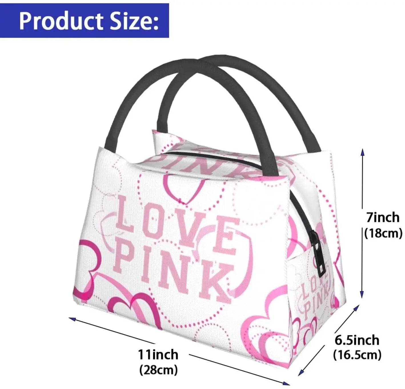 Women Love Pink Heart Insulated Lunch Bags Reusable Water-Resistant Bento Tote Box Portable Lunch Bags