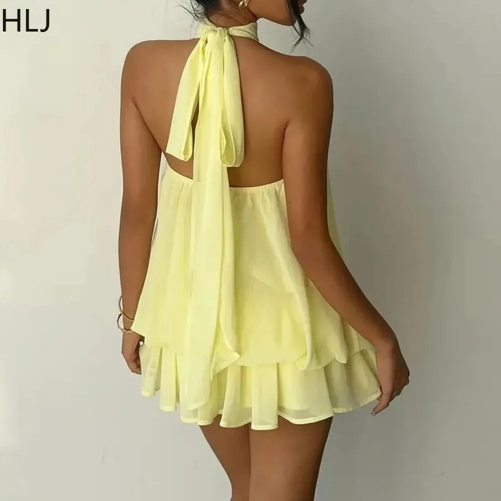 Women's Casual Halter Neck Bodycon Mini Dress for Women Mesh Sleeveless Backless Ruffle Patchwork Dresses Summer Beach  New
