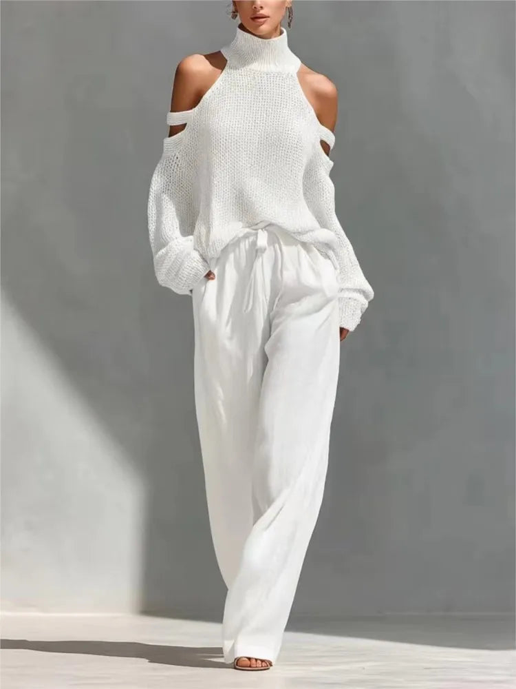 Women's Fashion High Collar Hollow Off-shoulder Women's Knitted Tops 2-piece Set Spring Casual Loose Wide-leg Trousers Female Suit