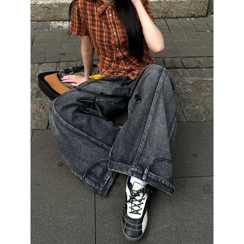 Women Vintage Black High Waisted Cargo Jeans Summer Casual Loose Big Size Wide Leg Denim Baggy Pants Y2K