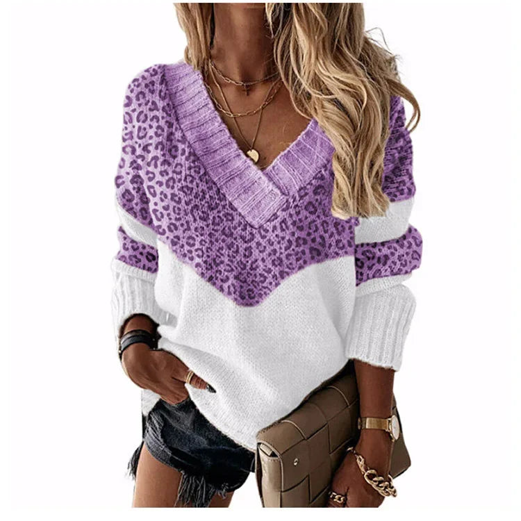 Women's Knitted V-neck Sweaters Stitching Contrast Color Long-Sleeved Knitting Top Pullover Autumn Winter Warm Female Jumper