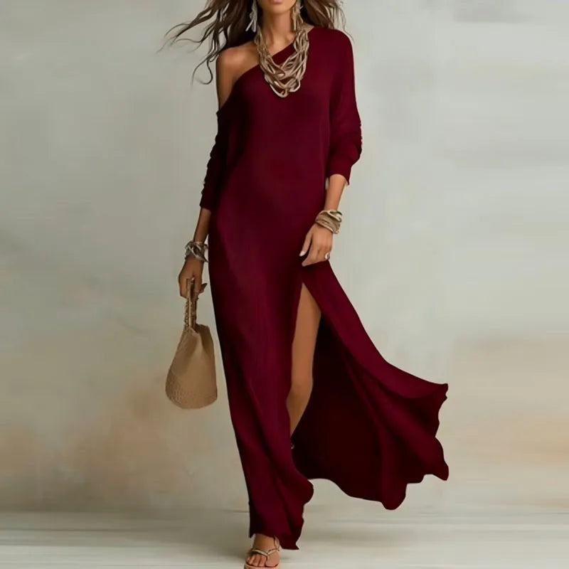 Woman Spring One Shoulder Long Sleeve Dress Skew Collar Split Bohemian Dress Elegant Solid Slim Casual Maxi Dresses