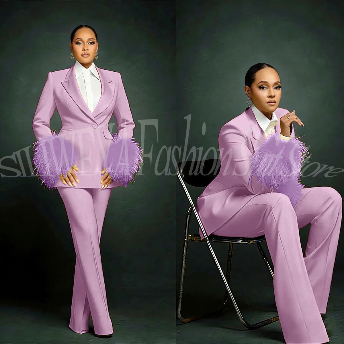 Women's  Luxury Feather Applique Single Breasted 2 Piece Suits
