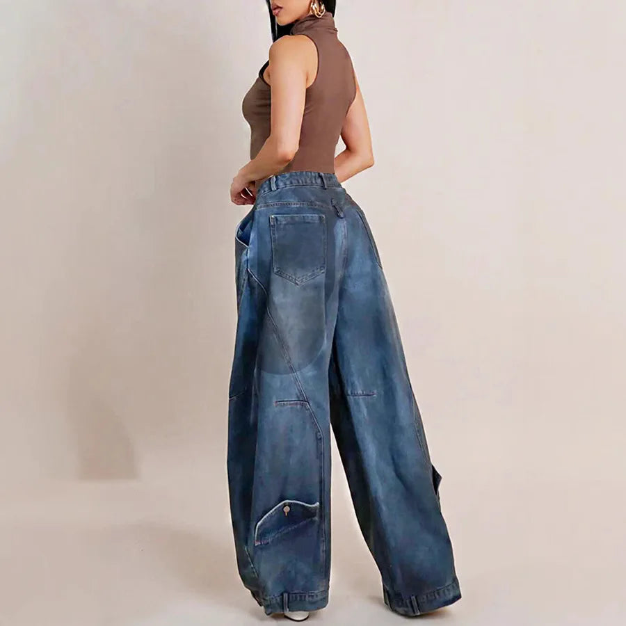 Women's Wide Leg Pants Vintage Denim Jeans Punk Style Loose Trousers Stretch Mid Waist Washed Distressed 2026 Mom Streetwear