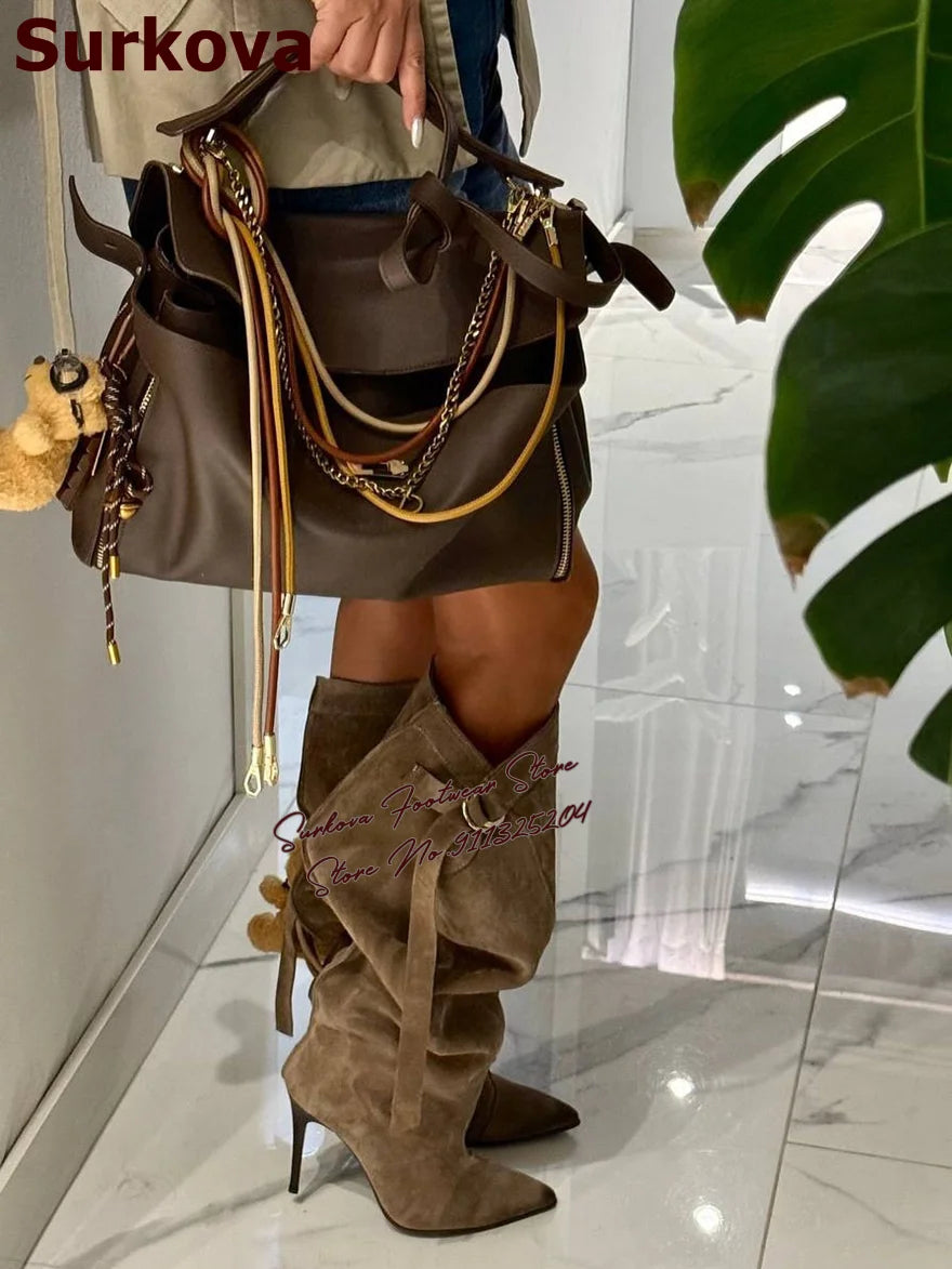 Womens Coffee Brown Suede Slouchy Knee High Boots Band Metal Ring Buckles Folded Boots Black Stiletto Heels Pointed Toe Shoes