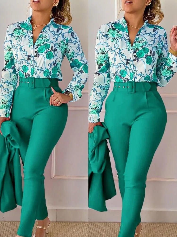 Elegant Women Spring Autumn Printed Two Piece Suit Sets V Neck Long Sleeve Shirt Top & Long Pants Set with Belt