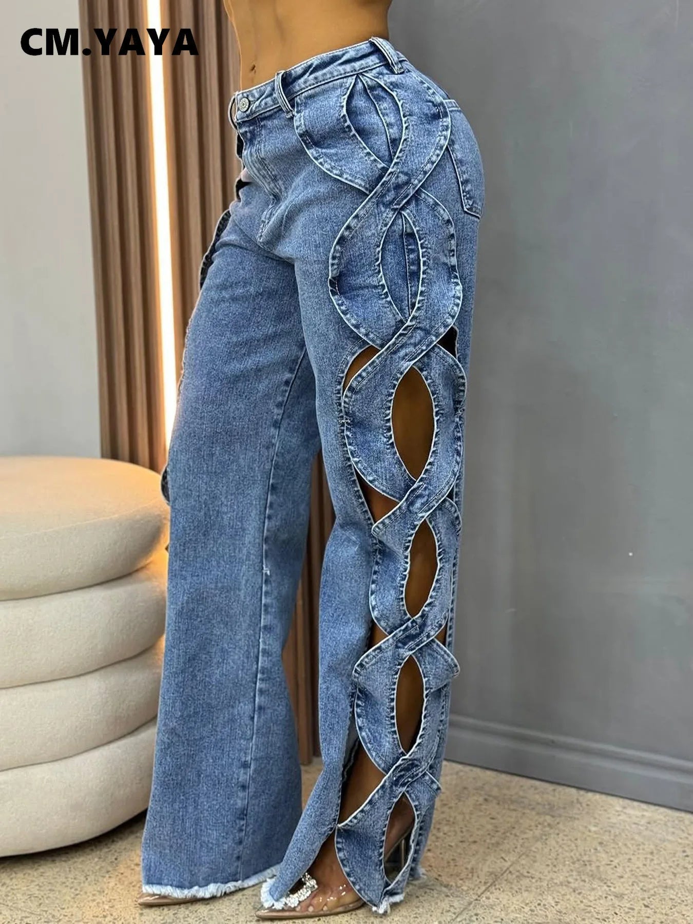 Women's Streetwear Cutout Hollow Out Criss Cross Side Wide Leg Blue Denim Jeans Trousers