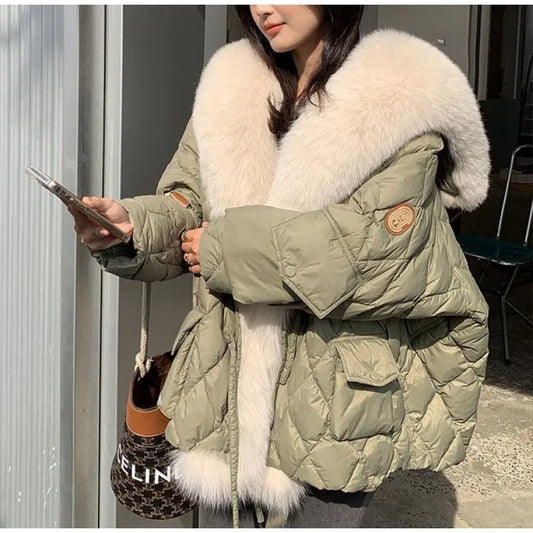 Women Winter Big Luxury Faux Fox Fur Collar Coat Jacket Windproof