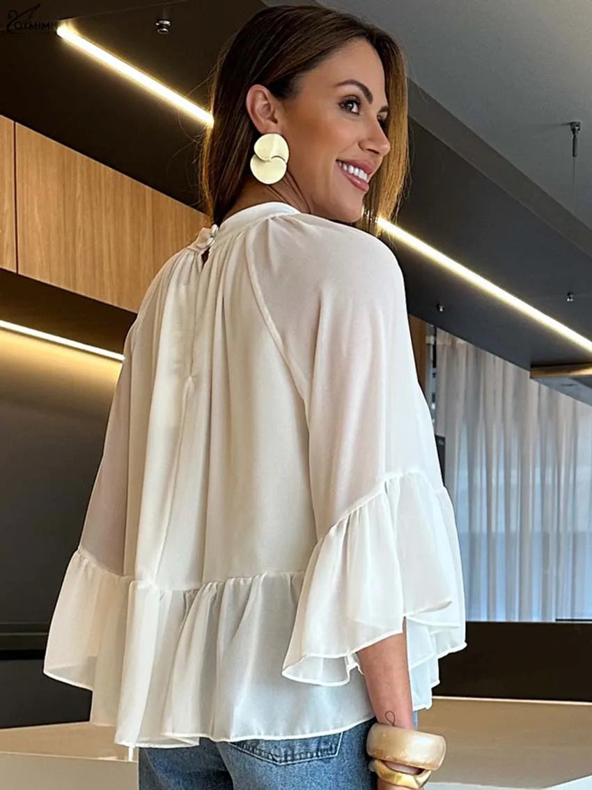Women's Elegant Fashion White O-Neck Shirt Puff Sleeve Loose Blouses Casual New Ruffled Button Blouses Female Clothing