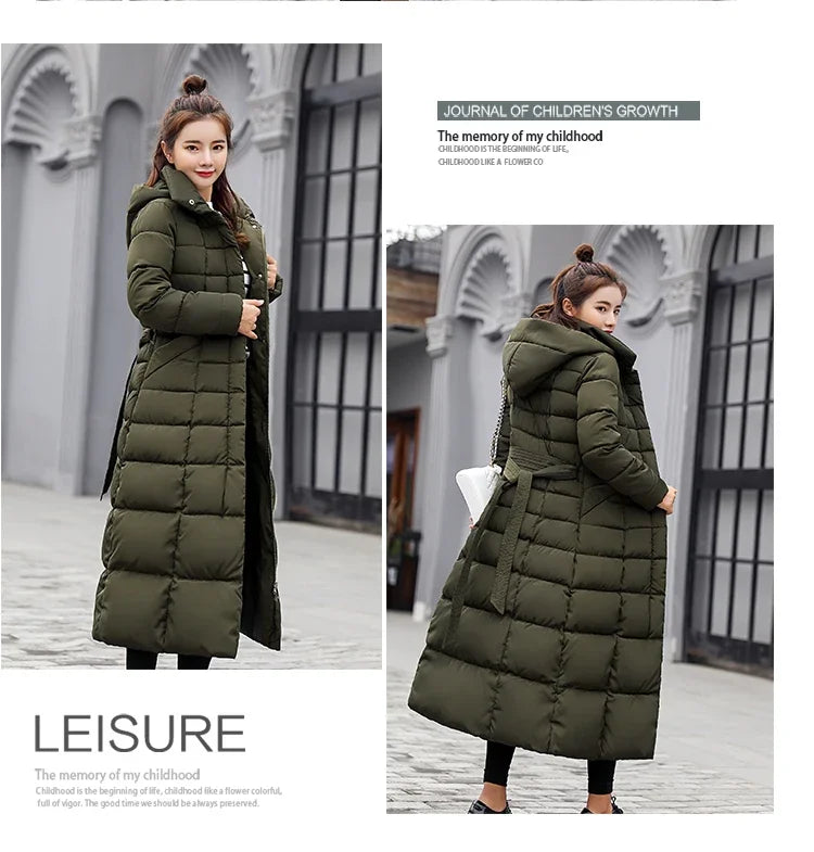 Women's Winter Jacket Warm Fashion Comfortable Bow Belt Fox Fur Collar Clothes Long Thick Coats