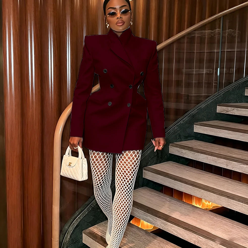 Women's Elegant White Oversized Jacket Double Breasted Blazer Dress Elegant Formal Long 1 Piece Suit for Evening Party