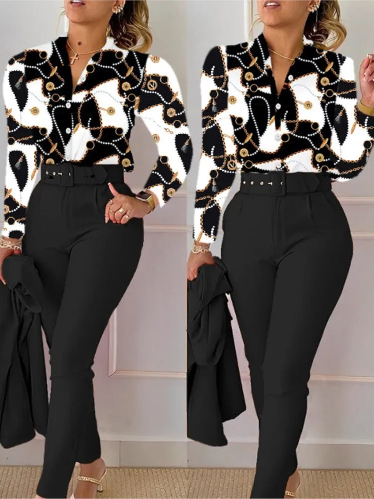 Elegant Women Spring Autumn Printed Two Piece Suit Sets V Neck Long Sleeve Shirt Top & Long Pants Set with Belt