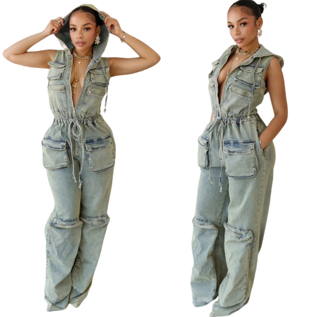 Women Vintage Casual Denim Overalls Jumpsuit Rompers Belted Pockets Jeans Long Pants