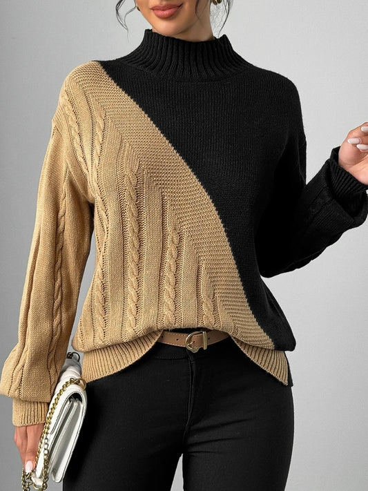 Women's Elegant Mock Neck Color Block Cable Knit Sweater Long Sleeve Knitwear Fashionable Casual Style