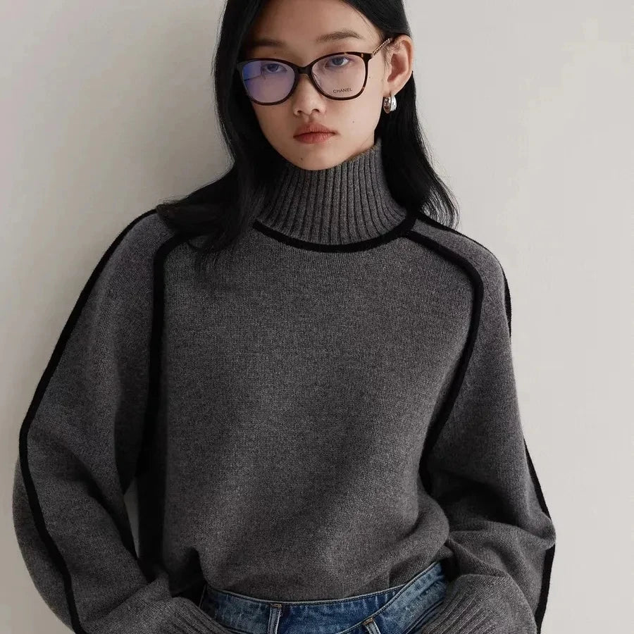 Women's New Autumn Turtleneck Sweaters Winter New Loose Patchwork Knitted Sweaters Pullover Female Soft Warm Thick Casual Top