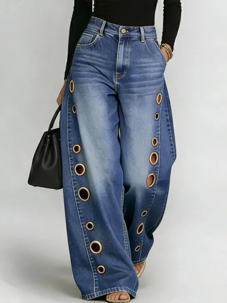 2026 Casual Women's Washed Blue High-Waist Metal Grommet Wide Leg Jeans Loose Fit Streetwear Pants