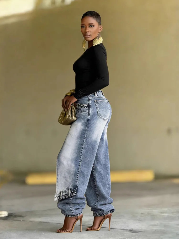 Women's European And American Style Patchwork Washed Pleated Straight Leg Jeans For Women Spring 2026 New