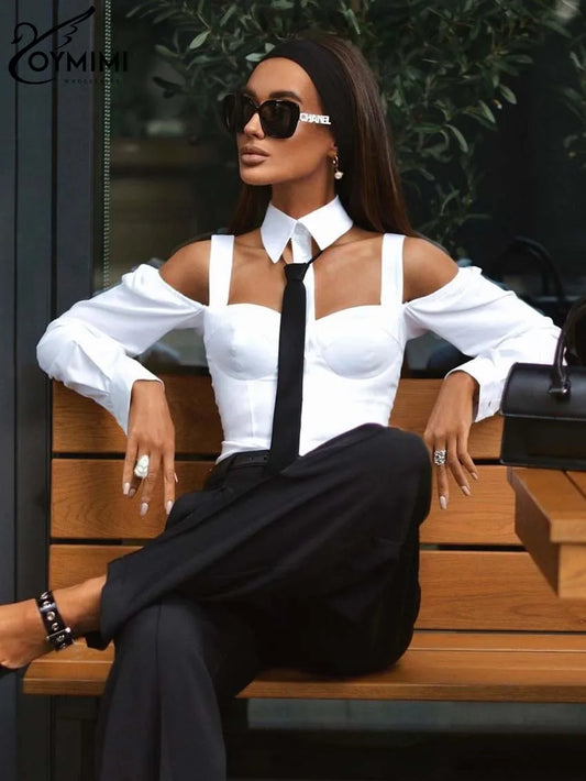 Women's Elegant White Lapel Shirts Long Sleeve Off The Shoulder Blouses Casual Slip Button Shirts Female Clothing